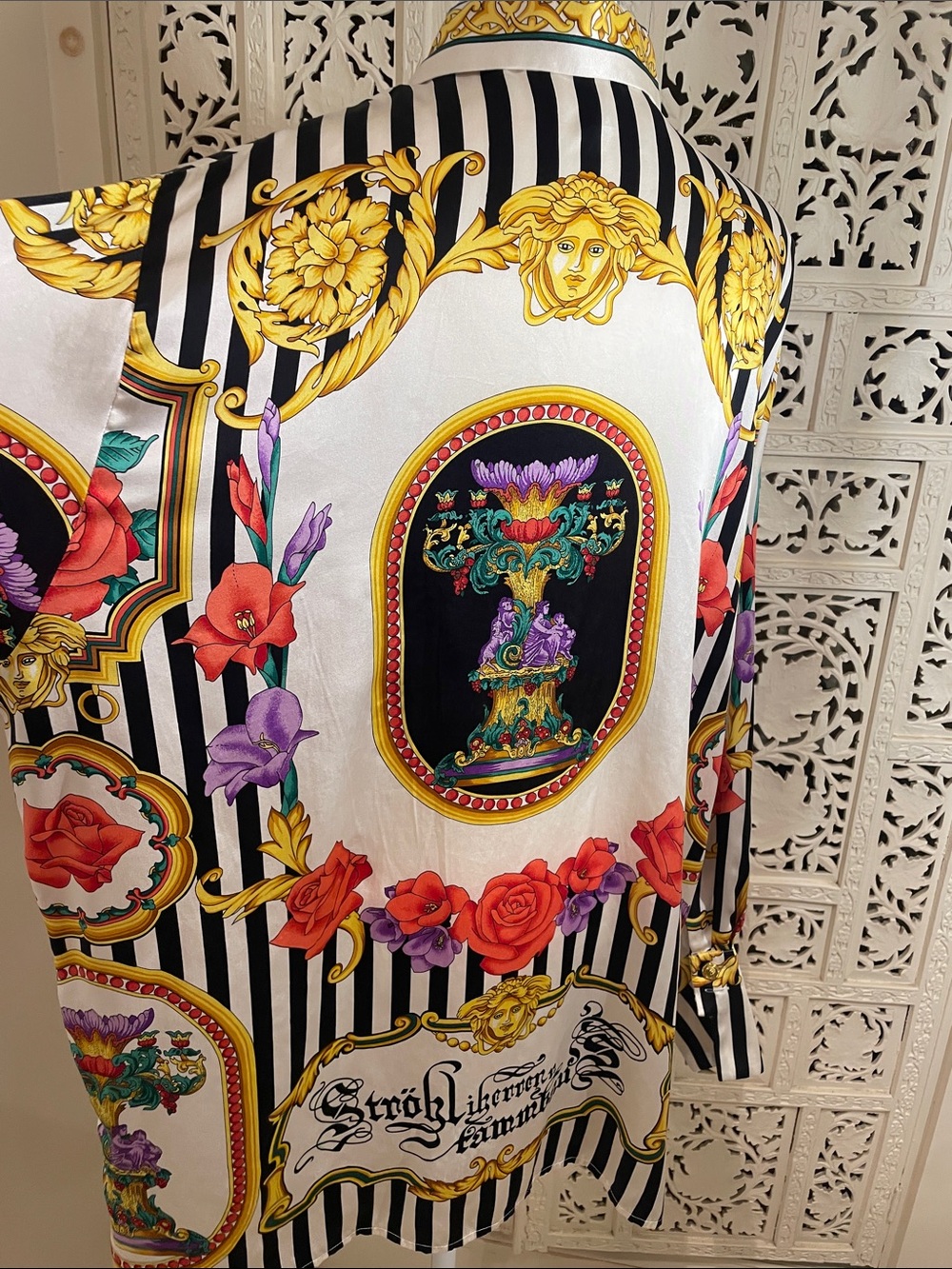 Baroque-Print Button-Down Shirt in White, Black & Gold